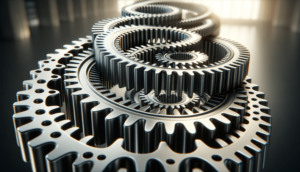 Interlocking cogwheels forming a closed system to illustrate integrated planning